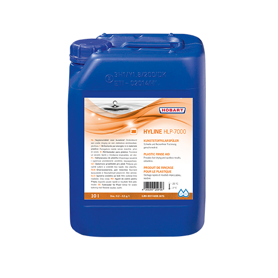  HOBART HYLINE HLP-7000 plastic rinse aid in a 10-liter container for professional dishwashers, designed for plastic ware, ensuring spotless drying and excellent washing results for catering and large kitchens.
